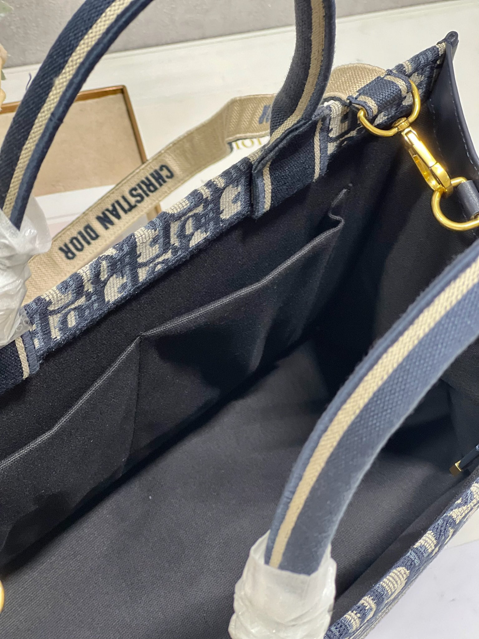 Medium D*0r Book Tote Ecru and Blue D*0r Oblique Embroidery 14 x 11 x 6.5 inches