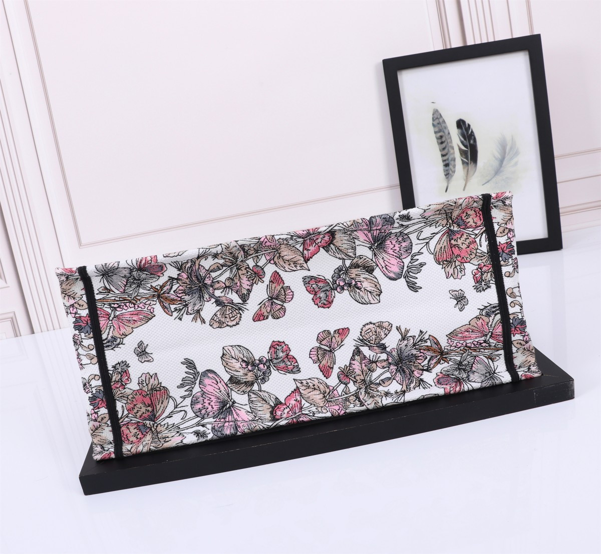 Large D*0r BOOK TOTE WHITE AND PASTEL PINK BUTTERFLY AROUND THE WORLD EMBROIDERY 16.5 x 14 x 7.5 inches