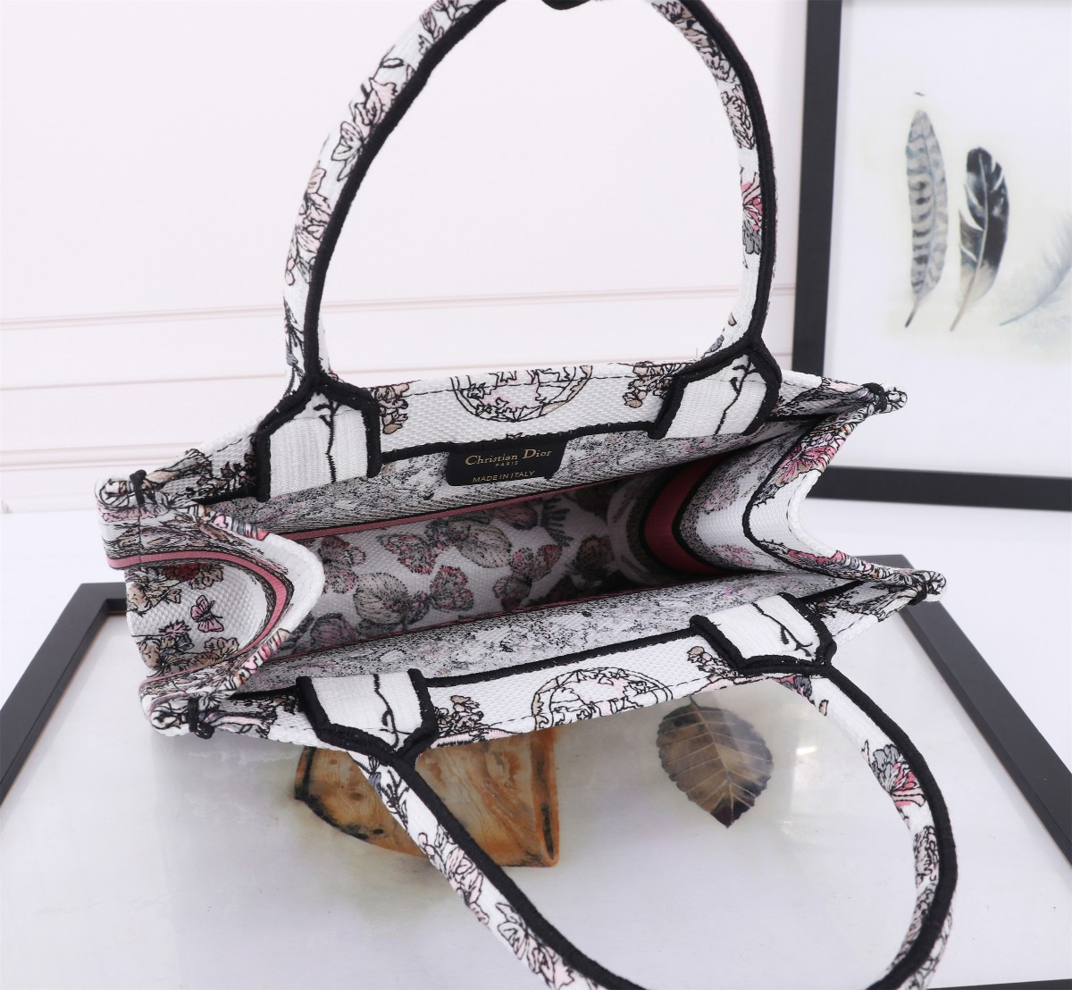 Medium D*0r Book Tote  White and Pastel Pink Butterfly Around The World Embroidery 14 x 11 x 6.5 inches