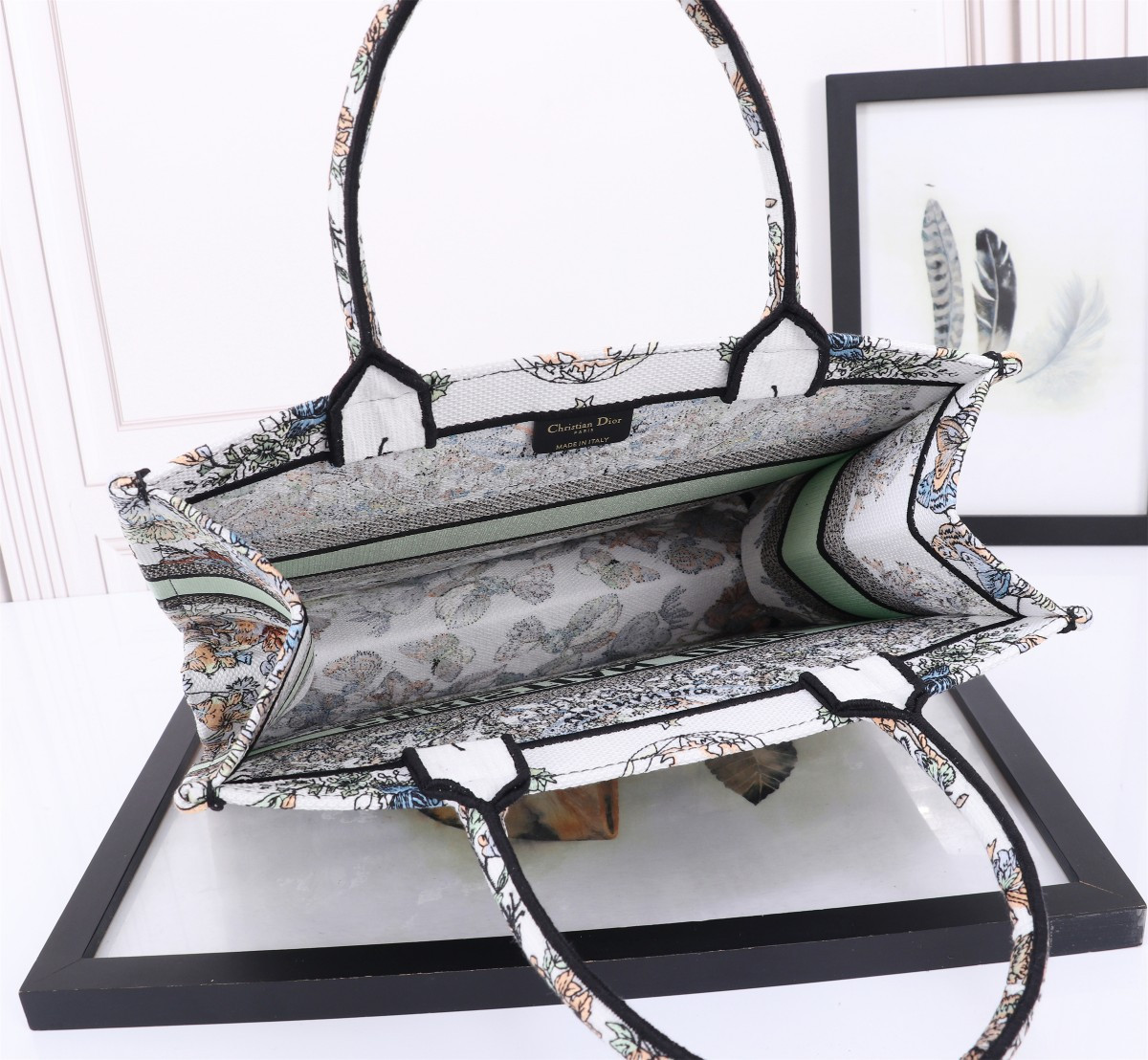 Medium D*0r Book Tote  White Multicolor Toile de Jouy Mexico Embroidery 14 x 11 x 6.5 inches