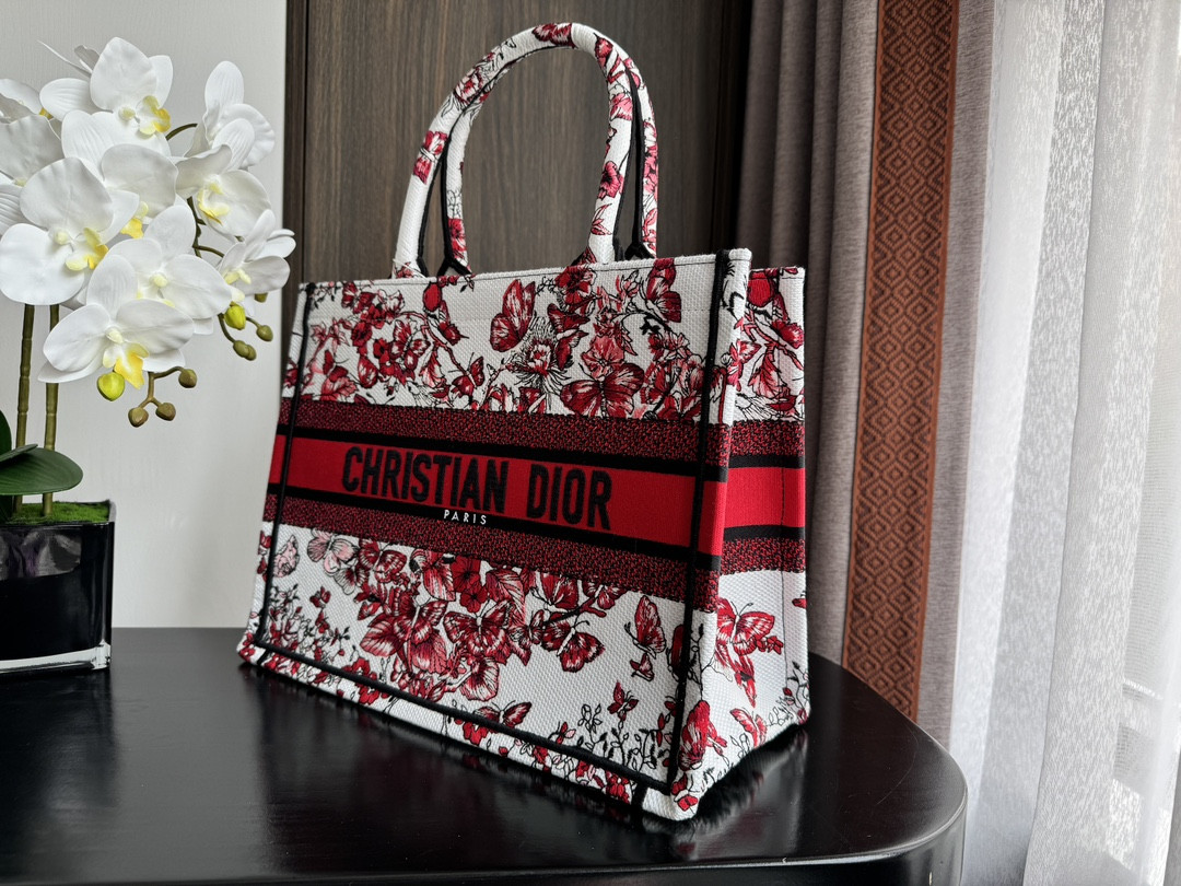 Medium D*0r Book Tote  White and Red Le Cœur des Papillons Embroidery 14 x 11 x 6.5 inches