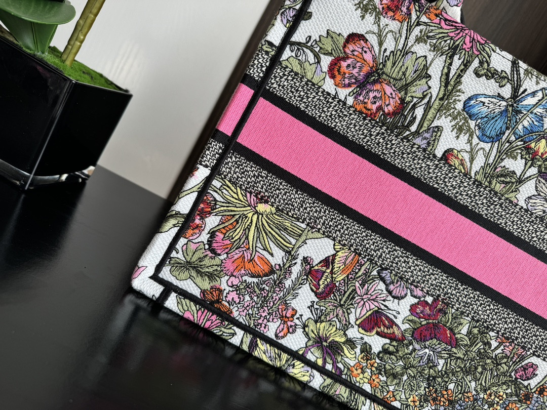 Medium D*0r Book Tote  White Multicolor Mexico Millefiori Embroidery 14 x 11 x 6.5 inches