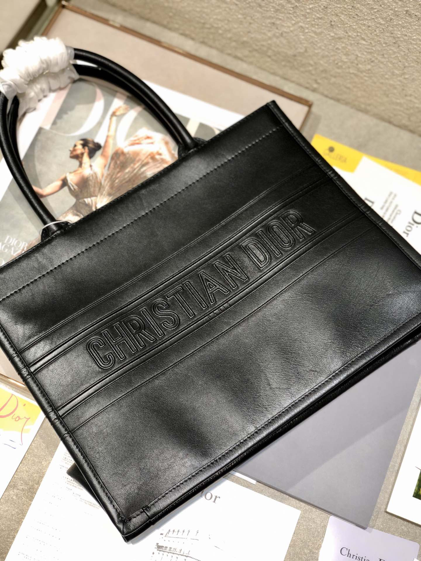 Calfskin Embossed Medium D*0r Book Tote Black 14 x 11 x 6.5 inches