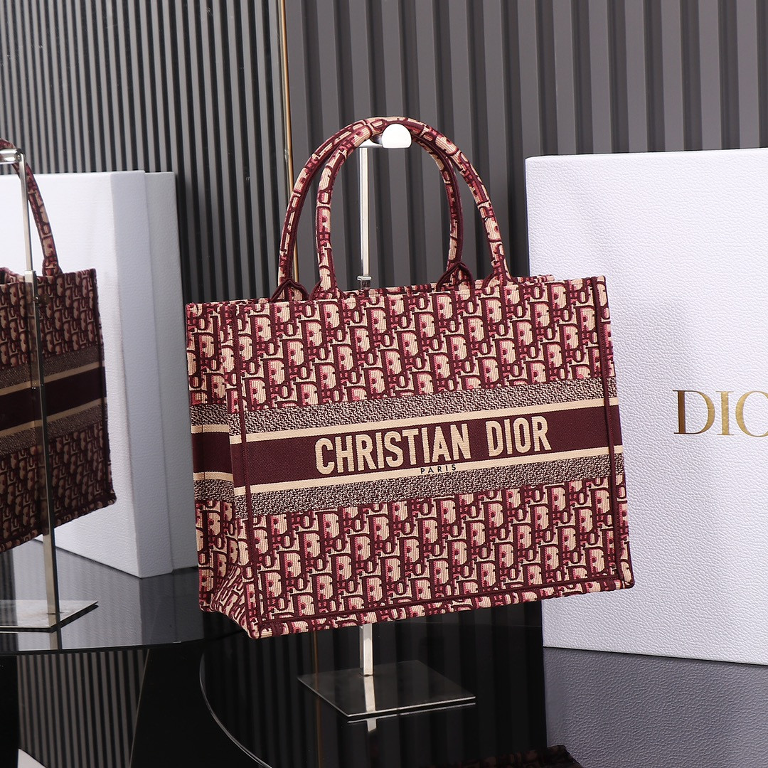 Medium D*0r Book Tote Oblique Burgundy 14 x 11 x 6.5 inches