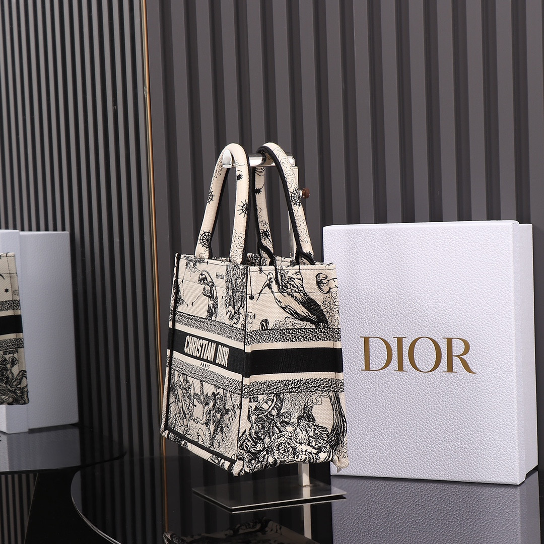 Small D*0r Book Tote Latte and Black Toile de Jouy Zodiac Embroidery 10.5 x 8.5 x 5.5 inches
