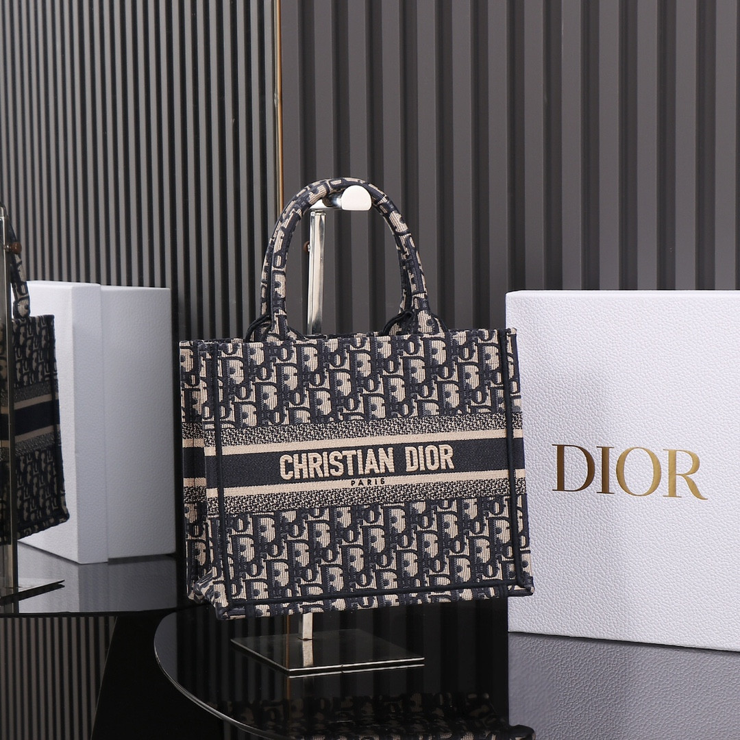 Small D*0r Book Tote Ecru and Blue D*0r Oblique Embroidery 10.5 x 8.5 x 5.5 inches