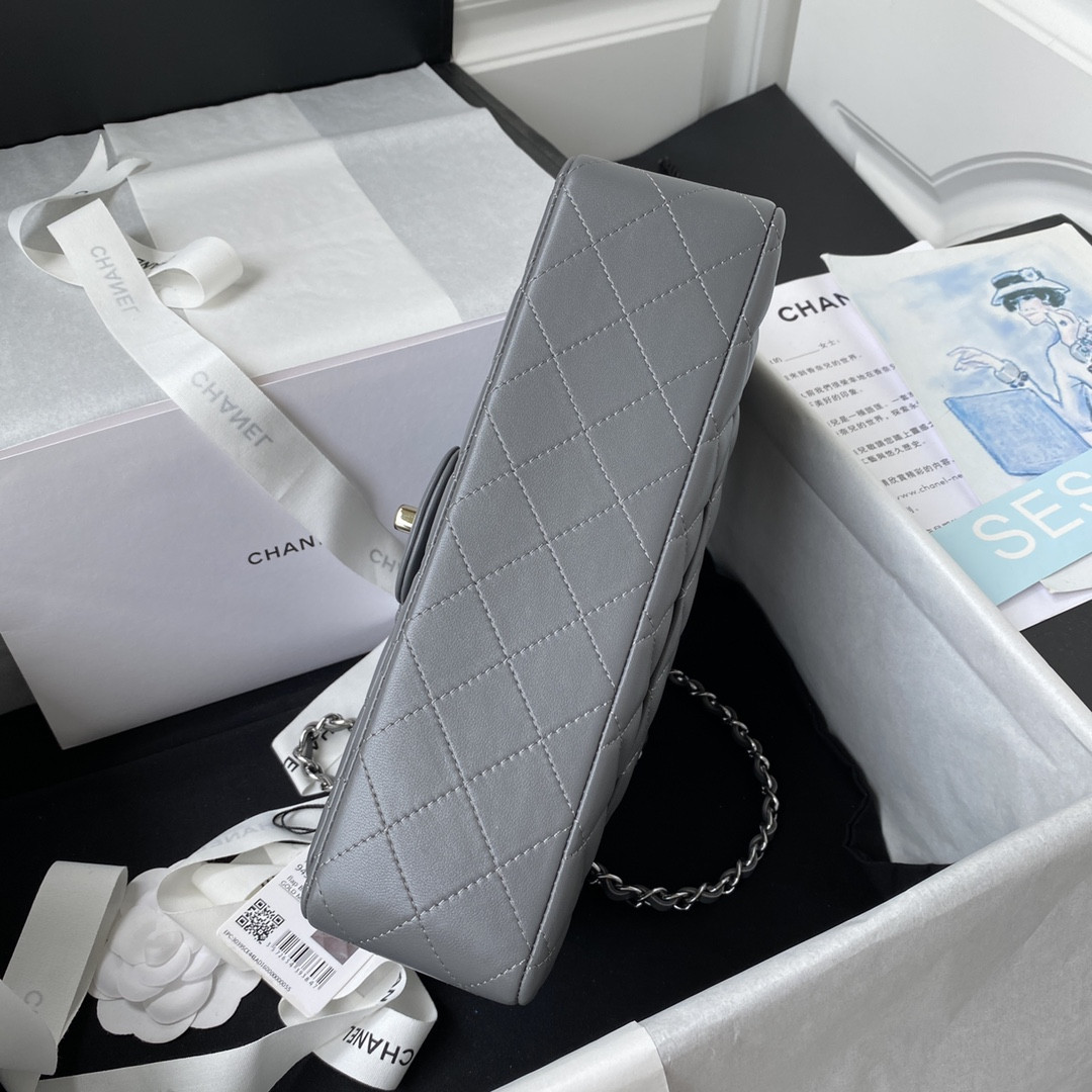 Ch*el CLASSIC HANDBAG GRAINED SHINY CALFSKIN & SILVER-TONE METAL GRAY 6 × 9.9 × 2.5 in