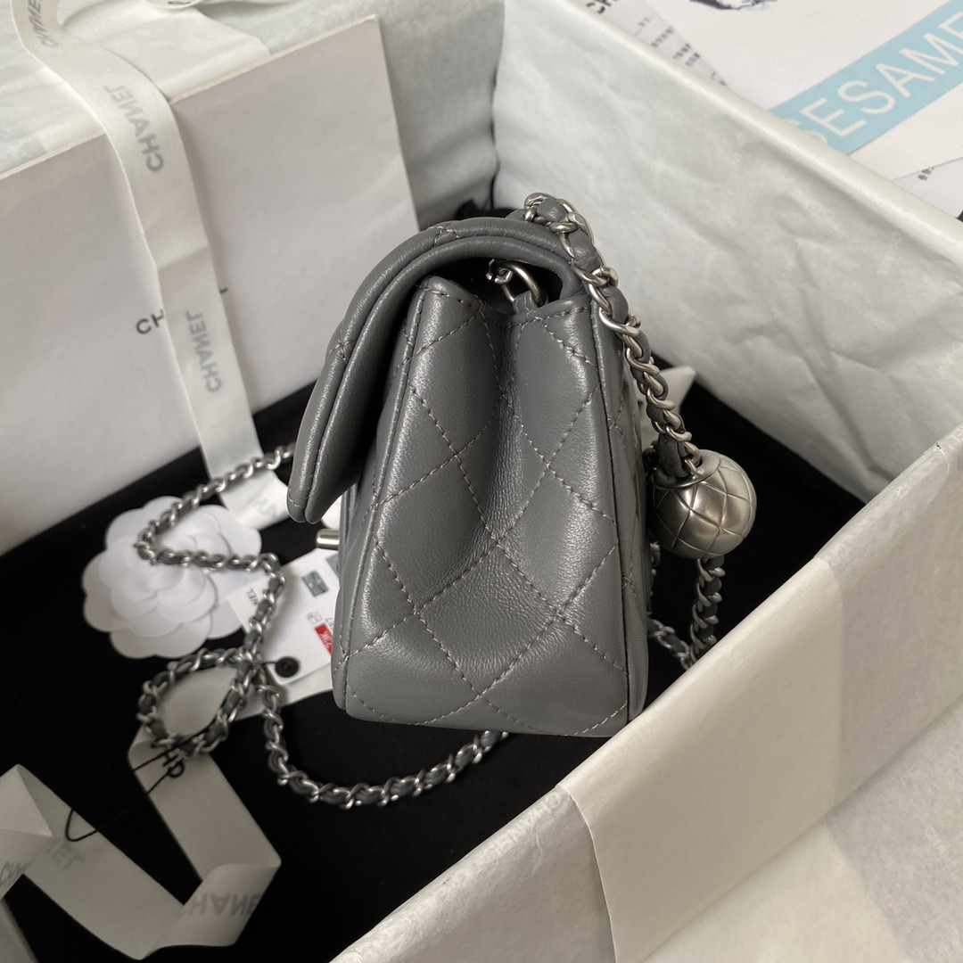 Ch*el MINI FLAP BAG SHINY CALFSKIN & SILVER-TONE METAL GRAY 4.7 × 7.8 × 2.3 in