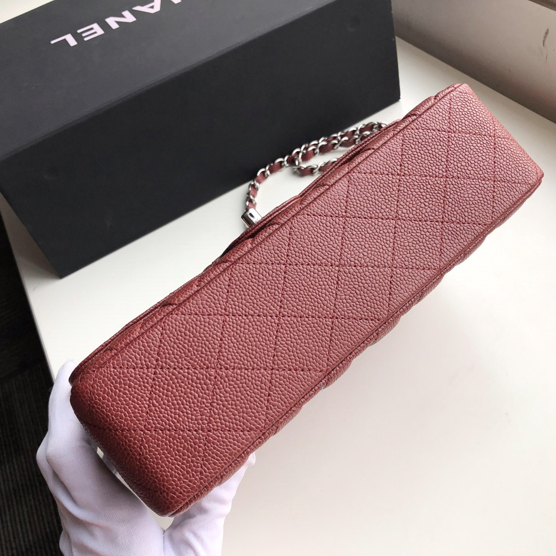 Ch*el CLASSIC HANDBAG GRAINED CALFSKIN & SILVER-TONE METAL red 6 × 9.9 × 2.5 in