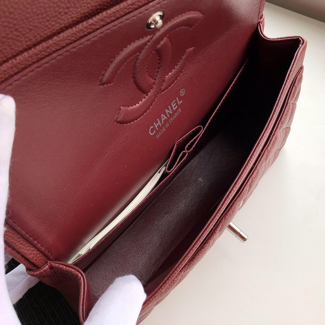 Ch*el CLASSIC HANDBAG GRAINED CALFSKIN & SILVER-TONE METAL red 6 × 9.9 × 2.5 in