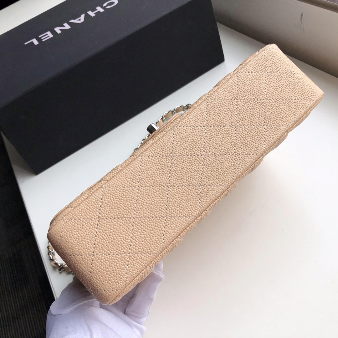 Ch*el CLASSIC HANDBAG GRAINED CALFSKIN & SILVER-TONE METAL COFFEE 6 × 9.9 × 2.5 in