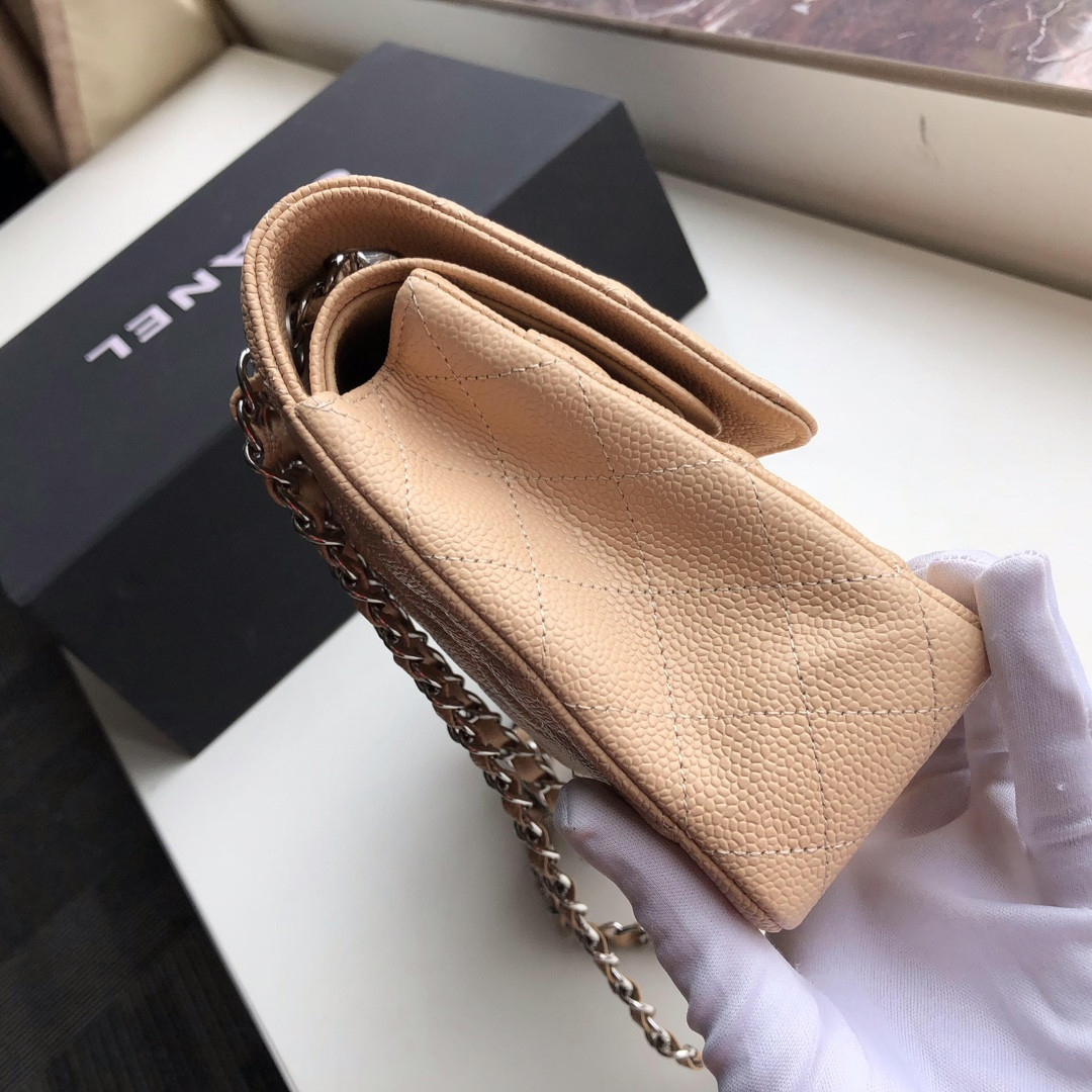 Ch*el CLASSIC HANDBAG GRAINED CALFSKIN & SILVER-TONE METAL COFFEE 6 × 9.9 × 2.5 in