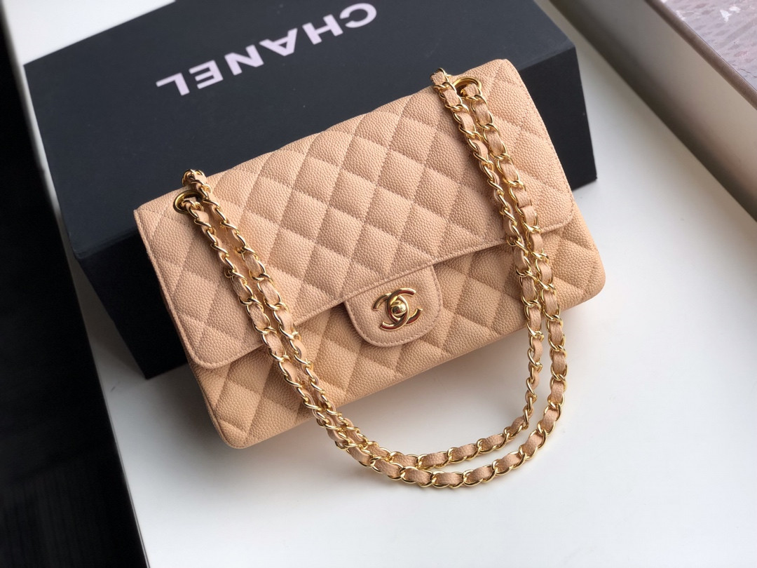 Ch*el CLASSIC HANDBAG GRAINED CALFSKIN & Gold-TONE METAL COFFEE 6 × 9.9 × 2.5 in