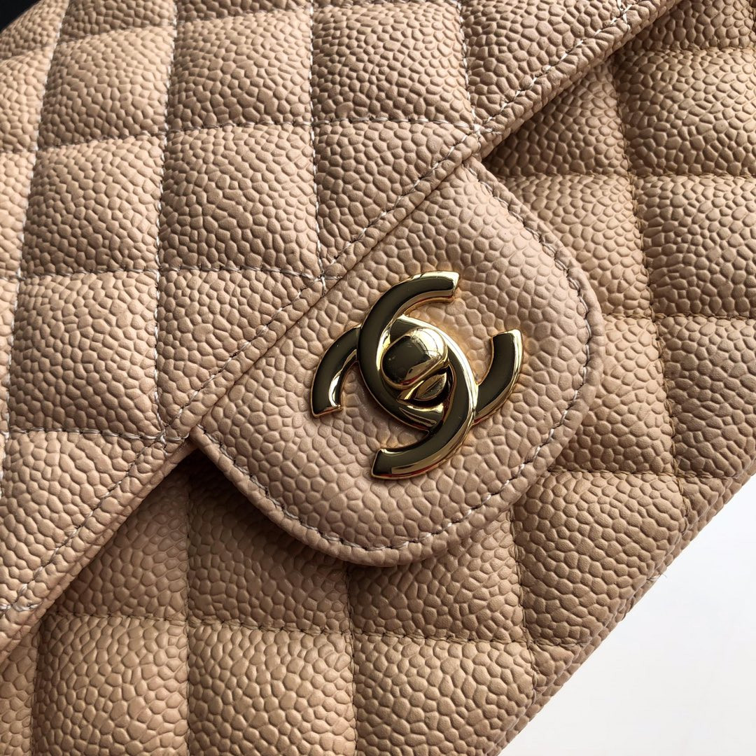 Ch*el CLASSIC HANDBAG GRAINED CALFSKIN & Gold-TONE METAL COFFEE 6 × 9.9 × 2.5 in