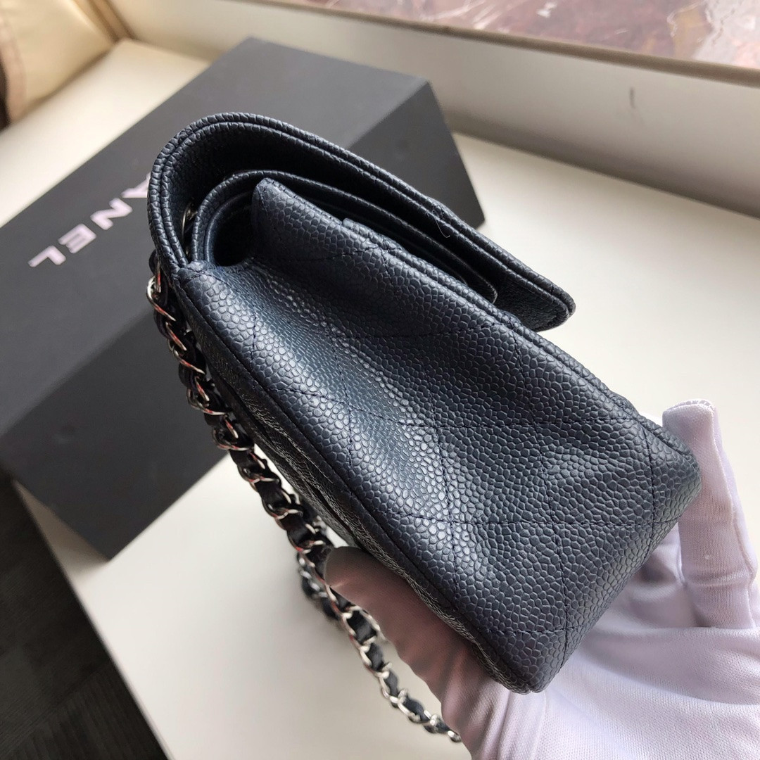 Ch*el CLASSIC HANDBAG GRAINED CALFSKIN & SILVER-TONE METAL NAVY 6 × 9.9 × 2.5 in