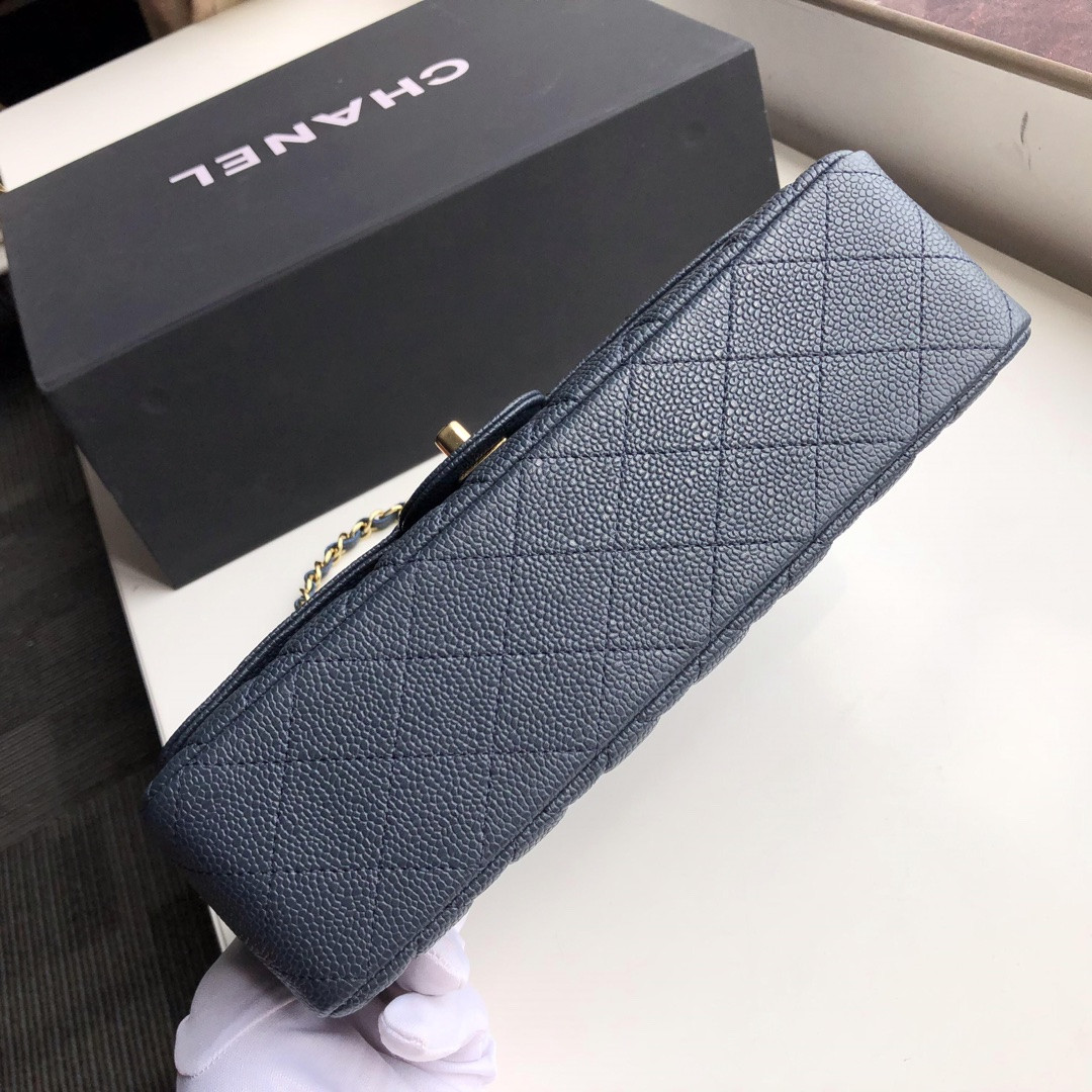 Ch*el CLASSIC HANDBAG GRAINED CALFSKIN & GOLD-TONE METAL NAVY 6 × 9.9 × 2.5 in