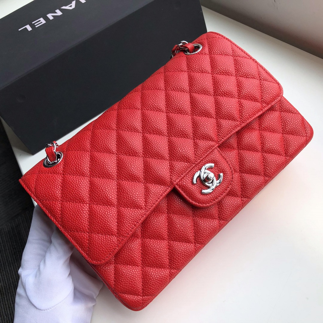 Ch*el CLASSIC HANDBAG GRAINED CALFSKIN & SILVER-TONE METAL SHINY red 6 × 9.9 × 2.5 in