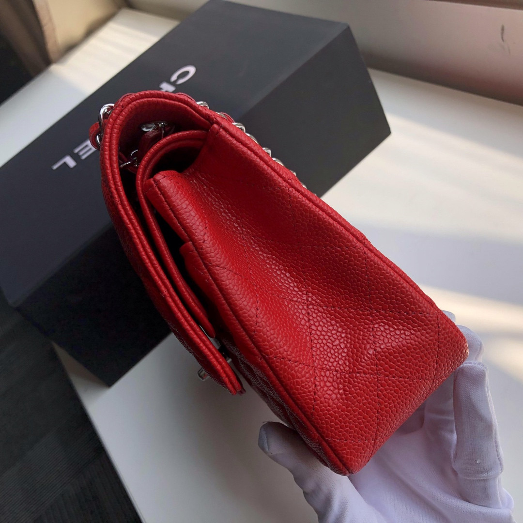 Ch*el CLASSIC HANDBAG GRAINED CALFSKIN & SILVER-TONE METAL SHINY red 6 × 9.9 × 2.5 in