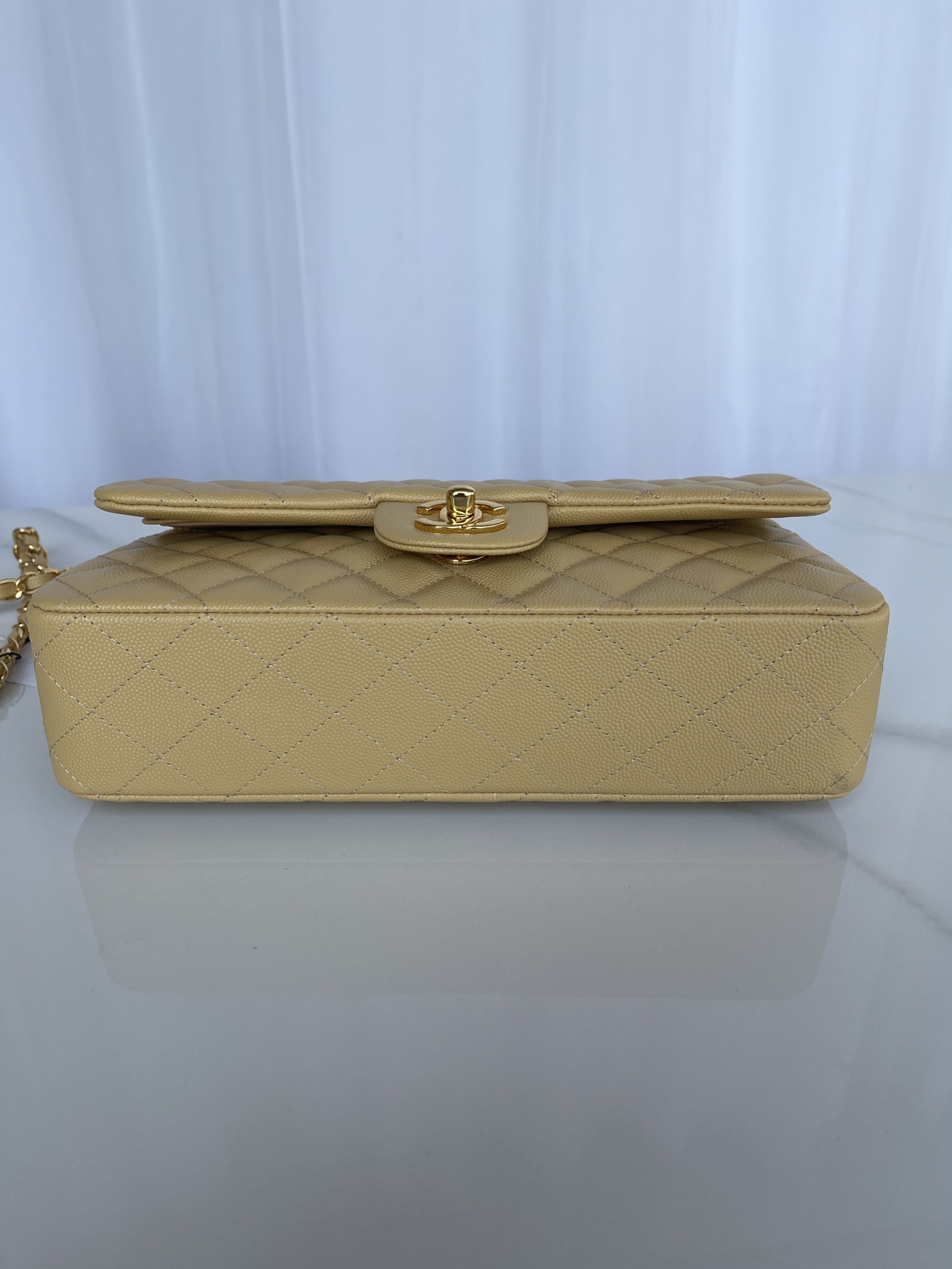 Ch*el CLASSIC HANDBAG GRAINED CALFSKIN & GOLD-TONE METAL YELLOW 6 × 9.9 × 2.5 in