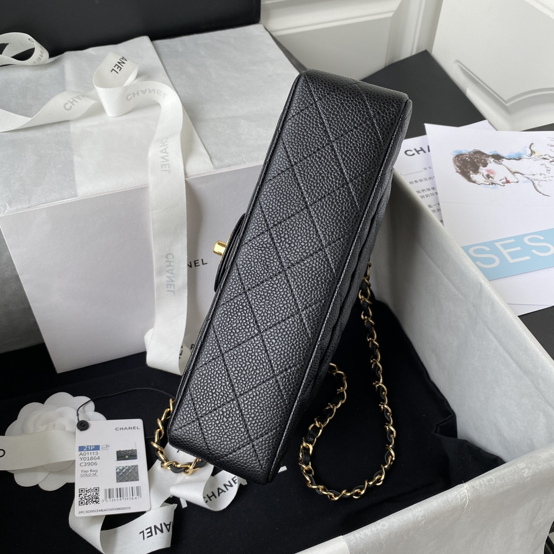 Ch*el SMALL CLASSIC HANDBAG Grained Calfskin & Gold-Tone Metal Black 5.7 × 9 × 2.3 in