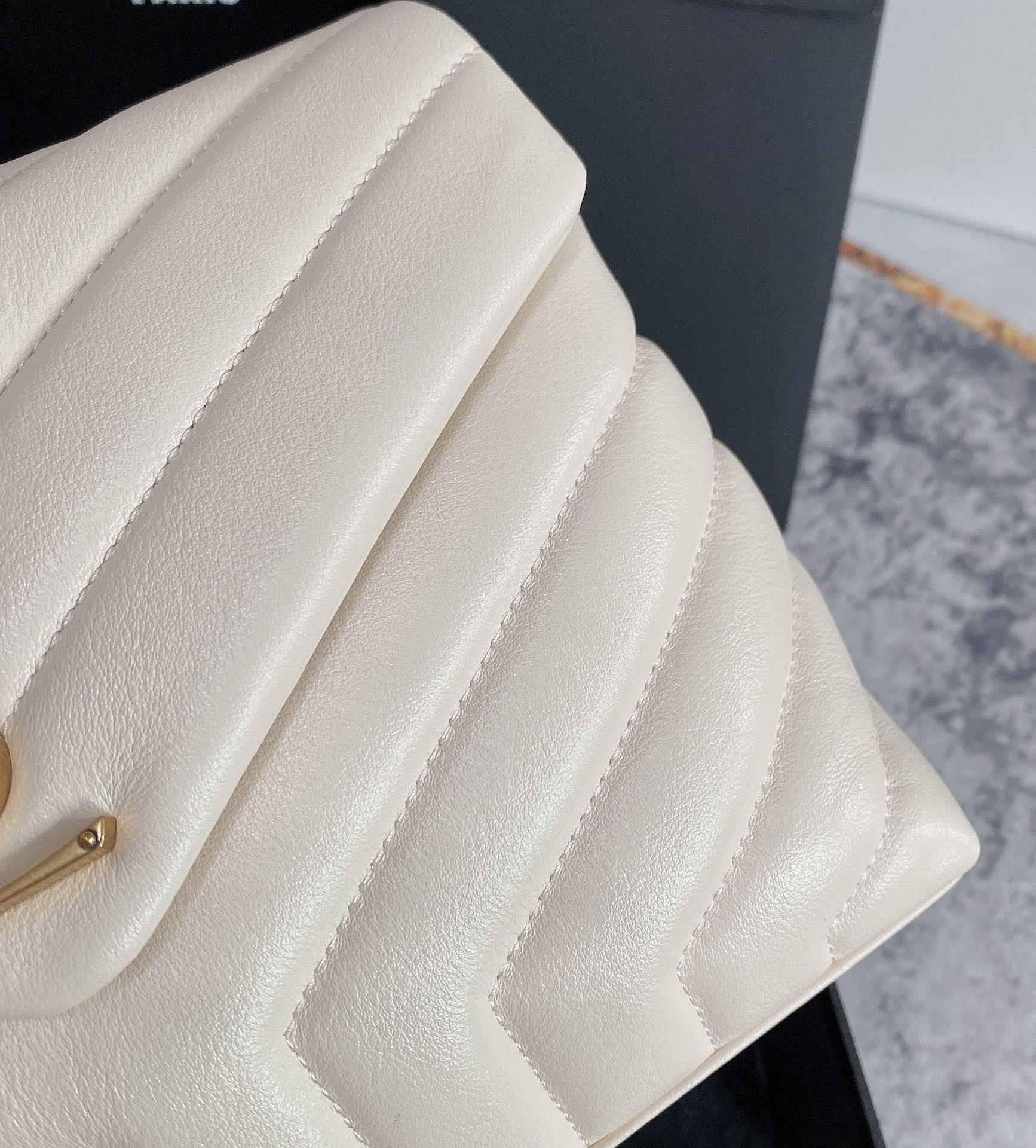 Y*L LOULOU SMALL IN QUILTED LEATHER WHITE GOLD 9 X 6.1 X 3.3 INCHES