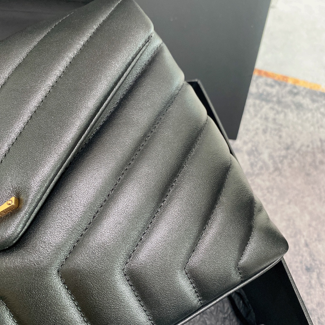Y*L LOULOU SMALL IN QUILTED LEATHER BLACK GOLD 9 X 6.1 X 3.3 INCHES