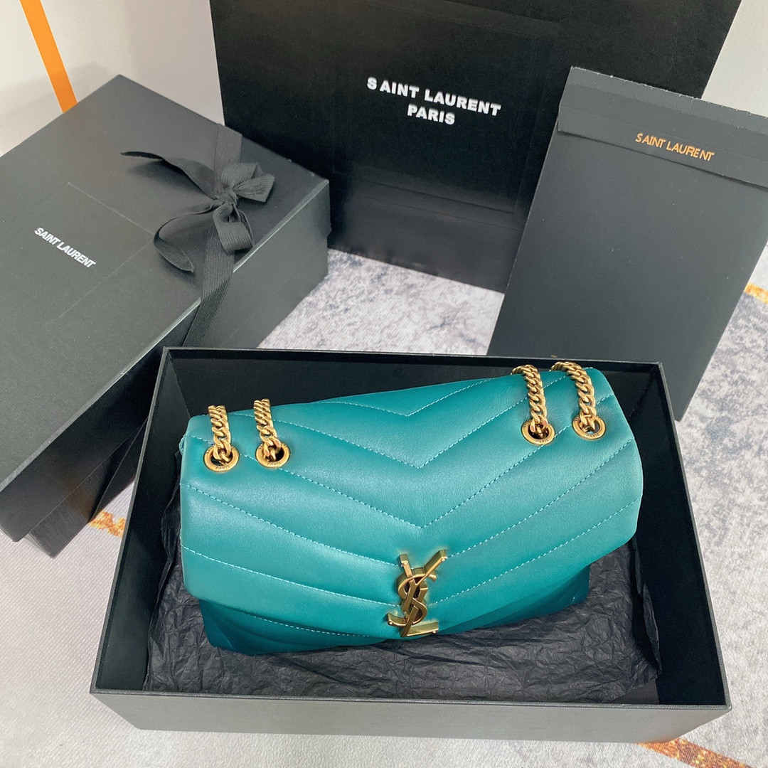 Y*L LOULOU SMALL IN QUILTED LEATHER BLUE GOLD 9 X 6.1 X 3.3 INCHES