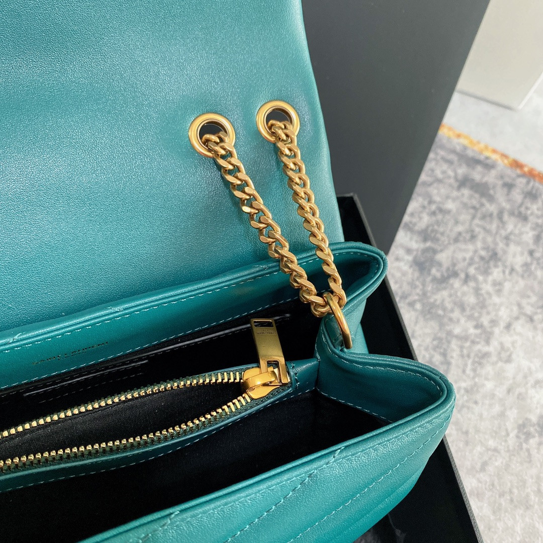 Y*L LOULOU SMALL IN QUILTED LEATHER BLUE GOLD 9 X 6.1 X 3.3 INCHES