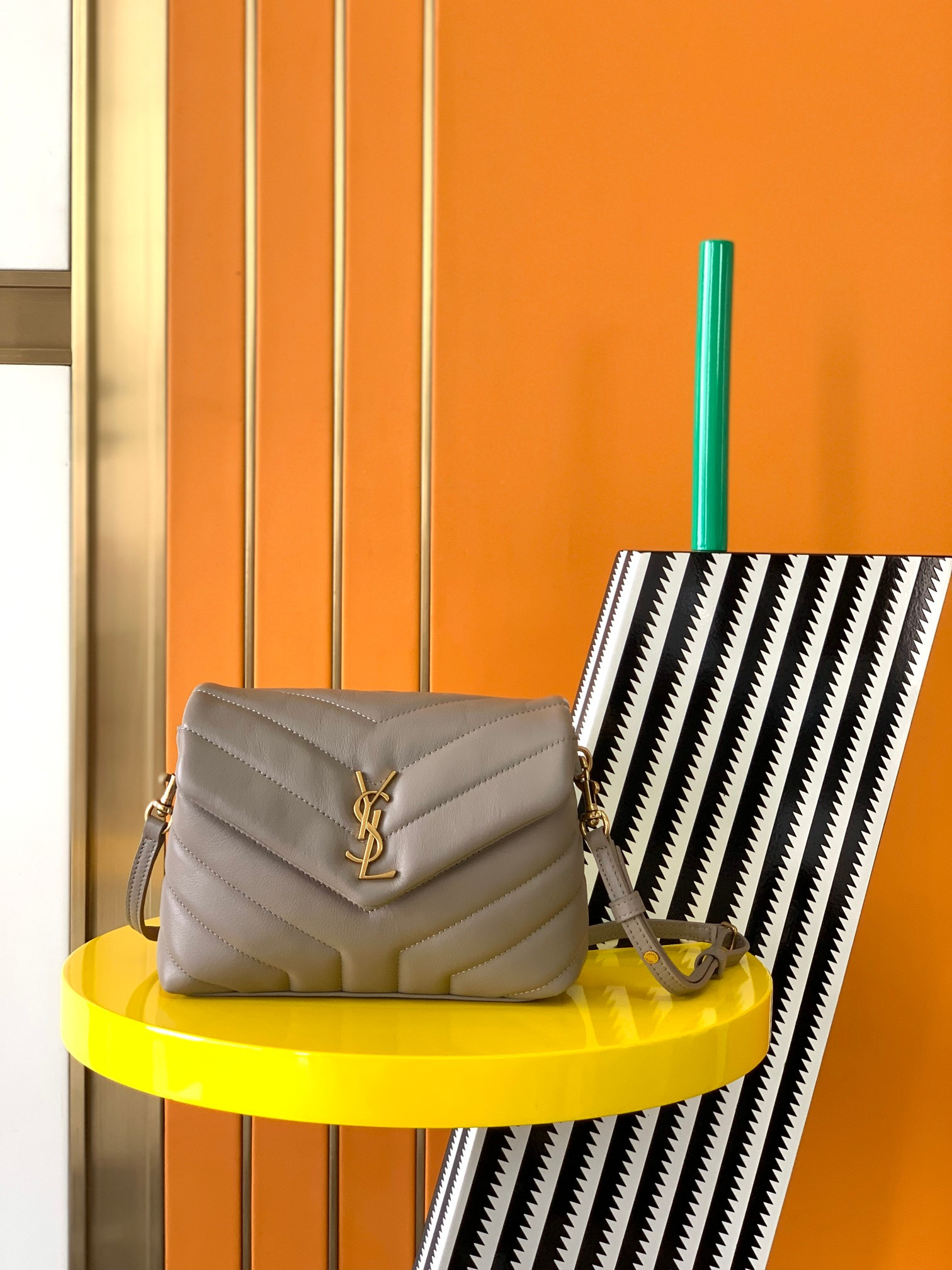 Y*L TOY LOULOU IN QUILTED LEATHER GREYISH BROWN 7.9 X 5.5 X 3 INCHES