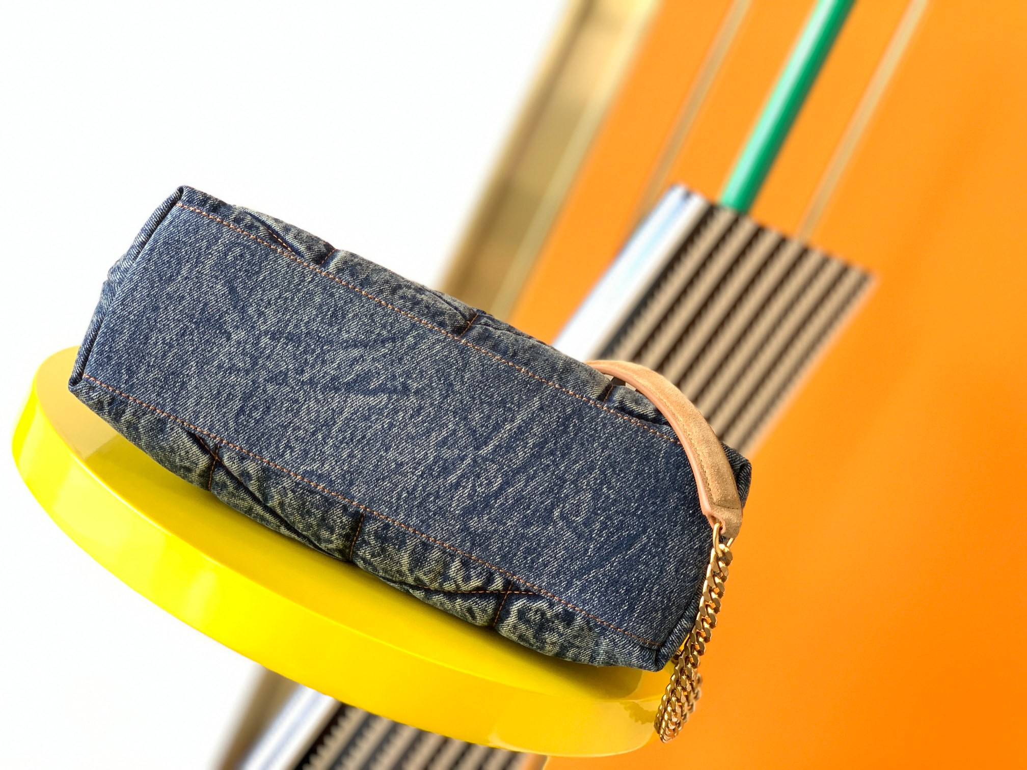 Y*L PUFFER SMALL IN SUEDE AND DENIM RODEO BLUE 11.4 X 6.6 X 4.3 INCHES