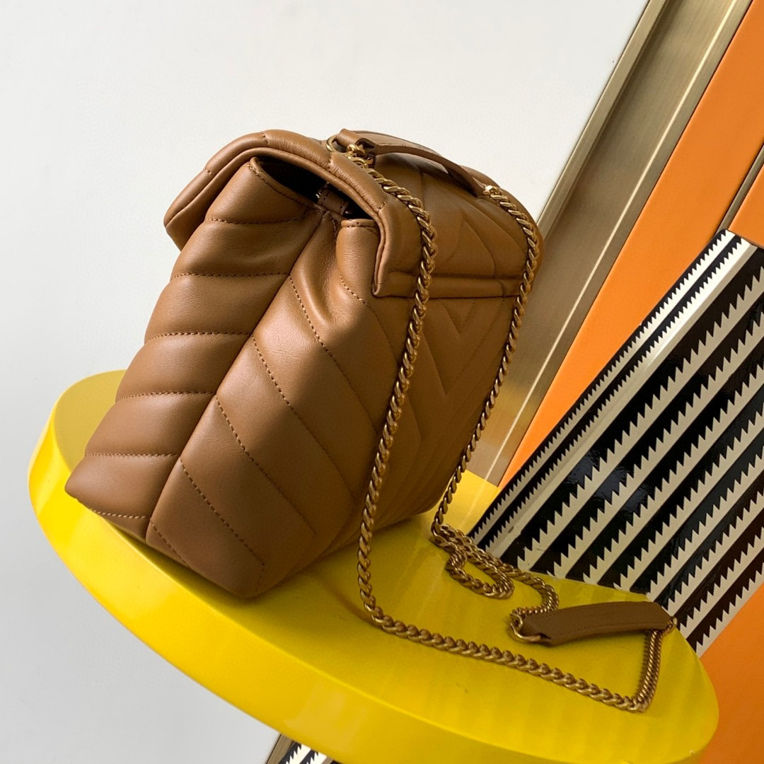 Y*L LOULOU SMALL IN QUILTED LEATHER BROWN 9 X 6.1 X 3.3 INCHES