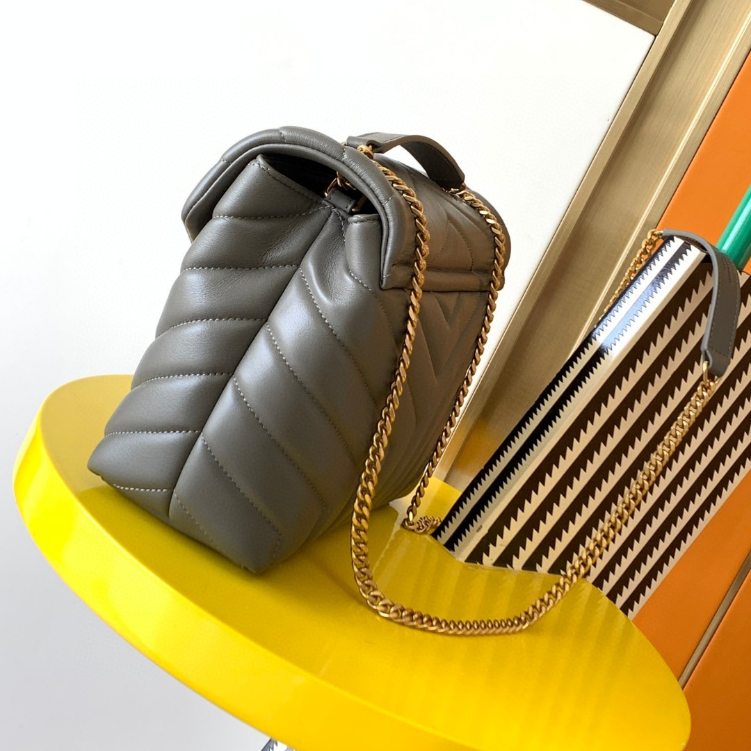 Y*L LOULOU SMALL IN QUILTED LEATHER GRAY GOLD 9 X 6.1 X 3.3 INCHES