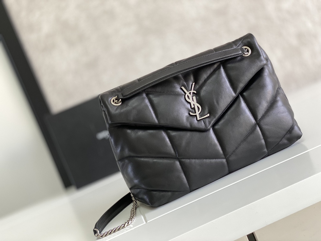 Y*L LOULOU PUFFER MEDIUM IN NAPPA LEATHER BLACK SILVER 13.7 X 9 X 5.3 INCHES