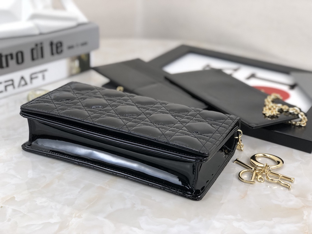 Lady D*0r Pouch  Black Patent Cannage Calfskin 8.5 x 4.5 x 1 inches