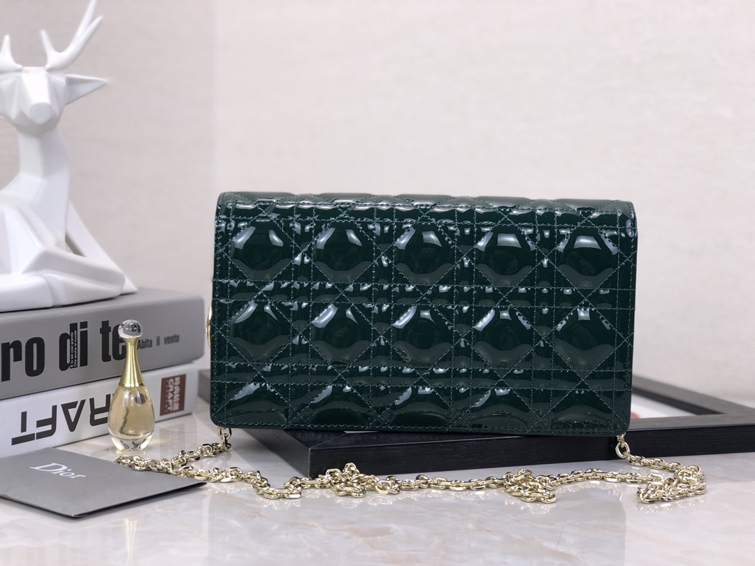 Lady D*0r Pouch Dark Green Patent Cannage Calfskin 8.5 x 4.5 x 1 inches
