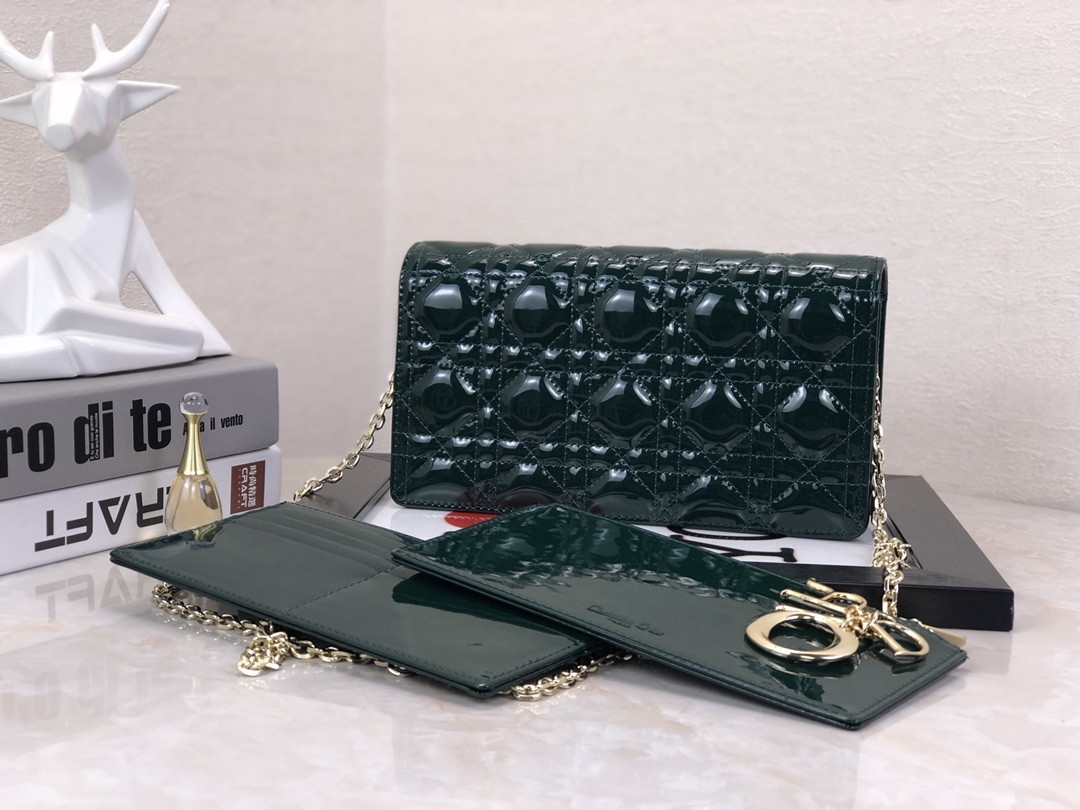 Lady D*0r Pouch Dark Green Patent Cannage Calfskin 8.5 x 4.5 x 1 inches