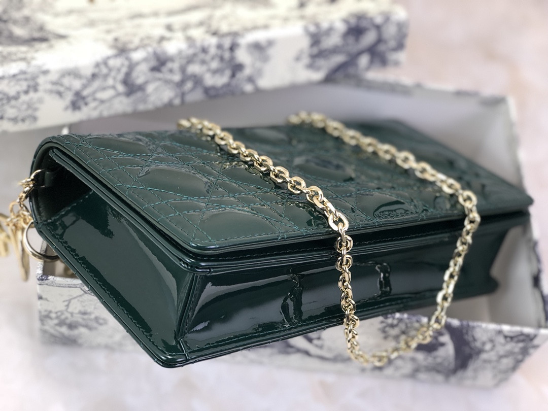 Lady D*0r Pouch Dark Green Patent Cannage Calfskin 8.5 x 4.5 x 1 inches