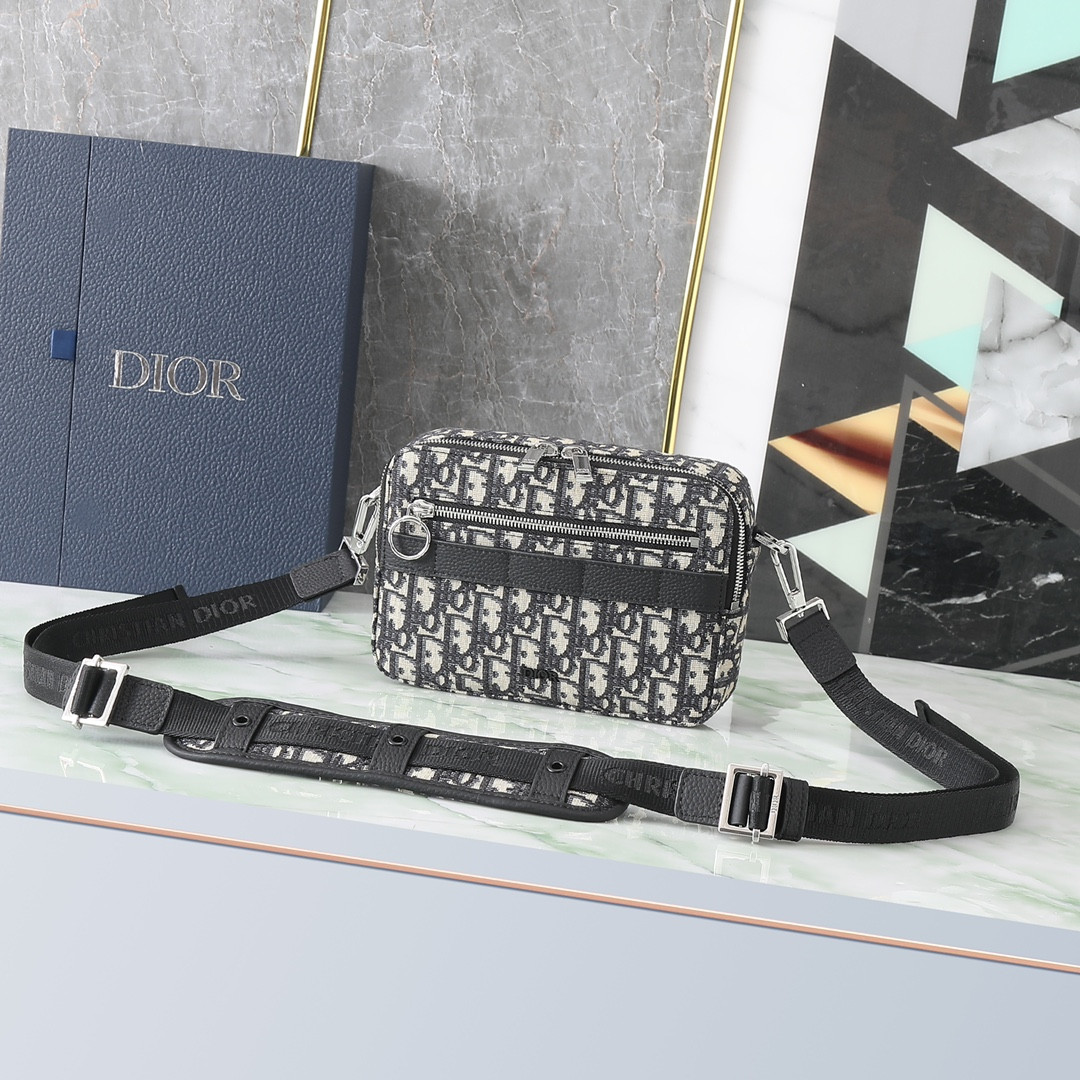 D*0r Safari Bag with Strap  Beige and Black D*0r Oblique Jacquard 8.5 x 6 x 2.5 inches