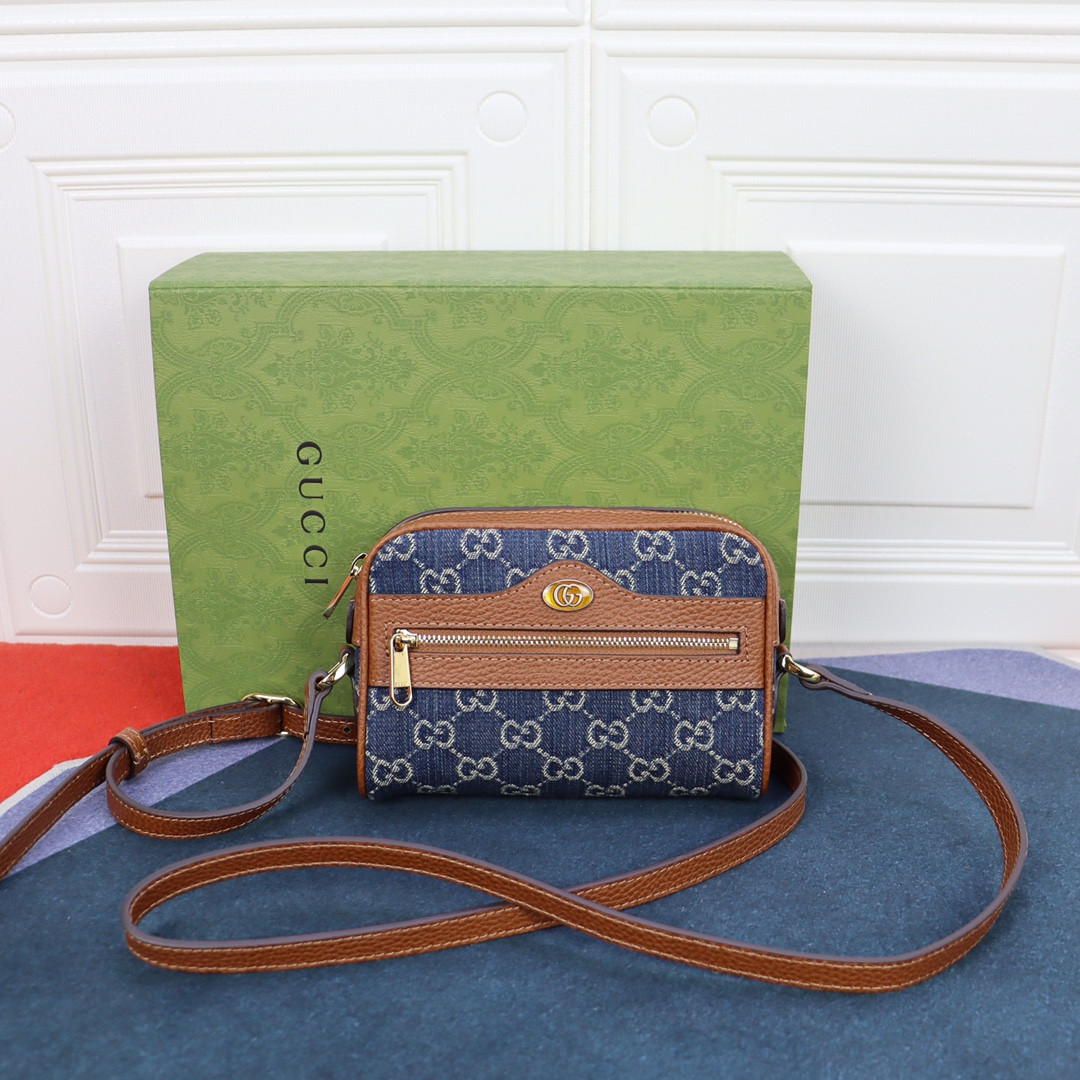 G*u*i OPHIDIA GG MINI TOP HANDLE BAG Denim Blue 6.8 W x 4.7 H x 2.1 D