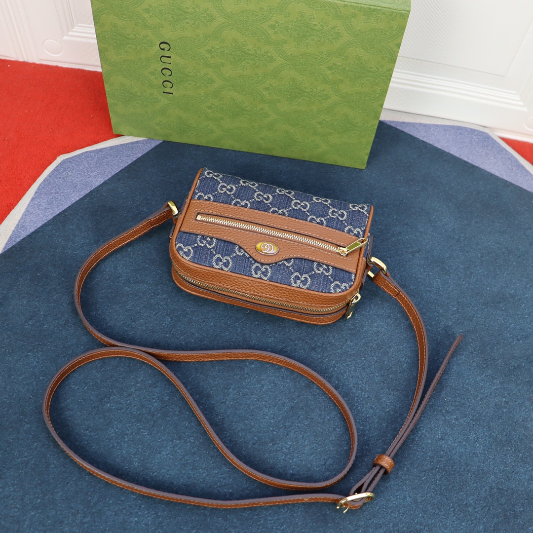 G*u*i OPHIDIA GG MINI TOP HANDLE BAG Denim Blue 6.8 W x 4.7 H x 2.1 D