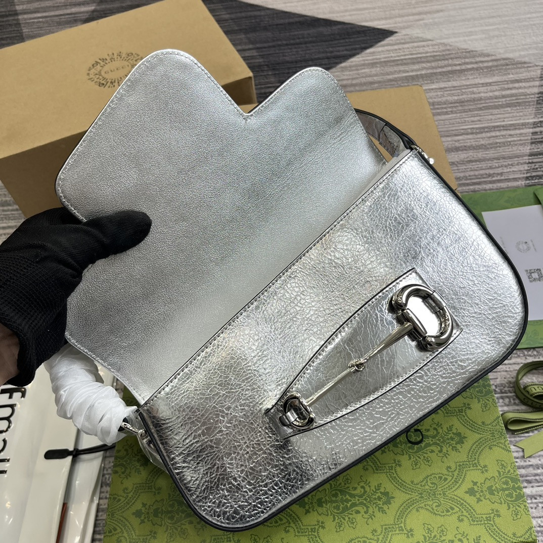 G*u*i HORSEBIT 1955 SMALL SHOULDER BAG Metallic silver 10.4"W x 6.7-4.1"H x 3.1-1.6"D