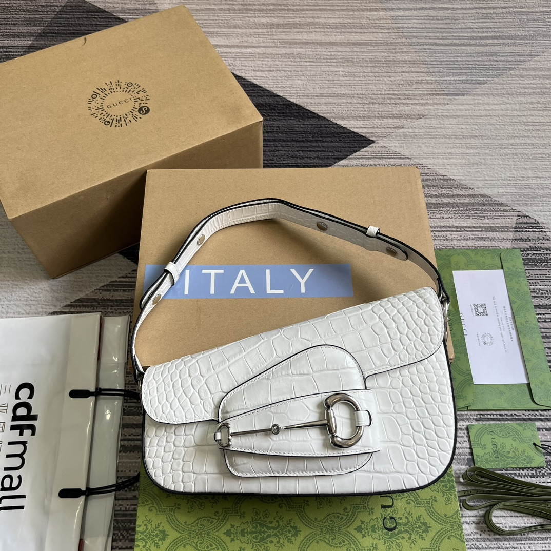 G*u*i HORSEBIT 1955 SMALL SHOULDER BAG WHITE 10.4"W x 6.7-4.1"H x 3.1-1.6"D