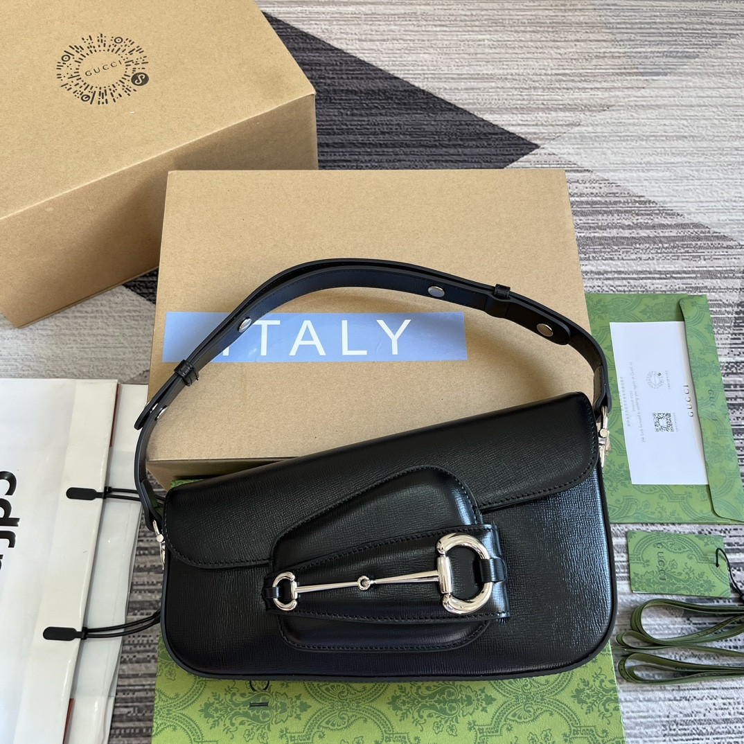 G*u*i HORSEBIT 1955 SMALL SHOULDER BAG Black 10.4"W x 6.7-4.1"H x 3.1-1.6"D