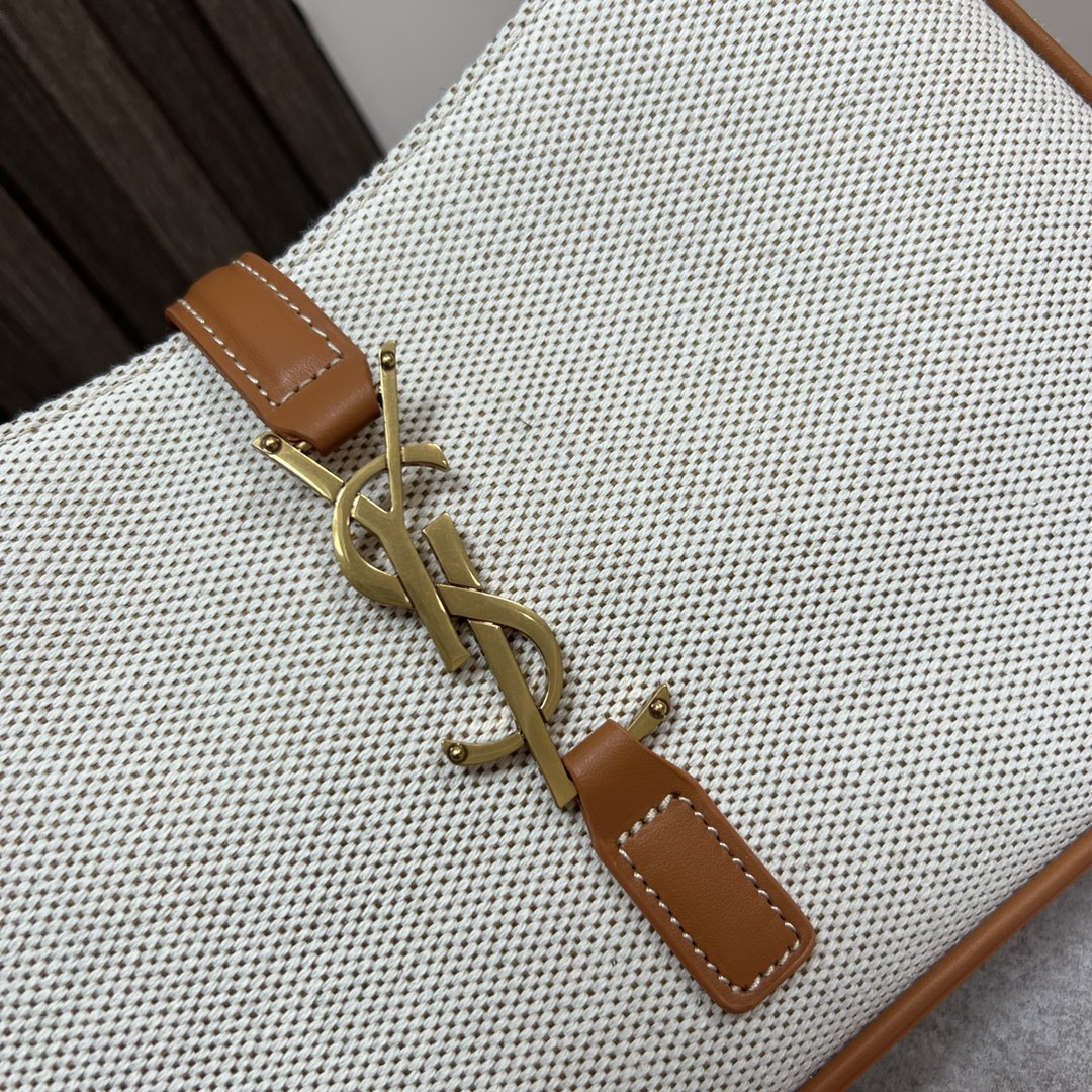 Y*L LE 5 À 7 IN CANVAS AND LEATHER GREGE AND BRICK 9 X 6.3 X 2.5 INCHES