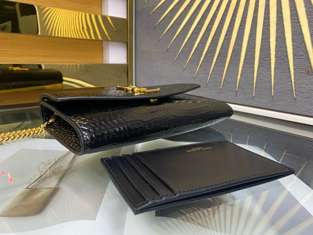 Y*L UPTOWN CHAIN WALLET IN CROCODILE-EMBOSSED SHINY LEATHER 7.5 X 4.7 X 1.2 INCHES