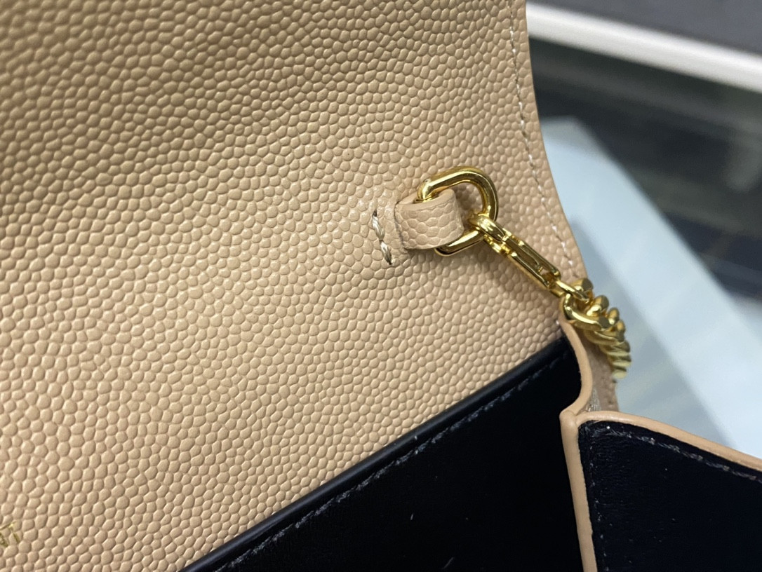 Y*L UPTOWN CHAIN WALLET IN GRAIN DE POUDRE EMBOSSED LEATHER DARK BEIGE 7.5 X 4.7 X 1.2 INCHES