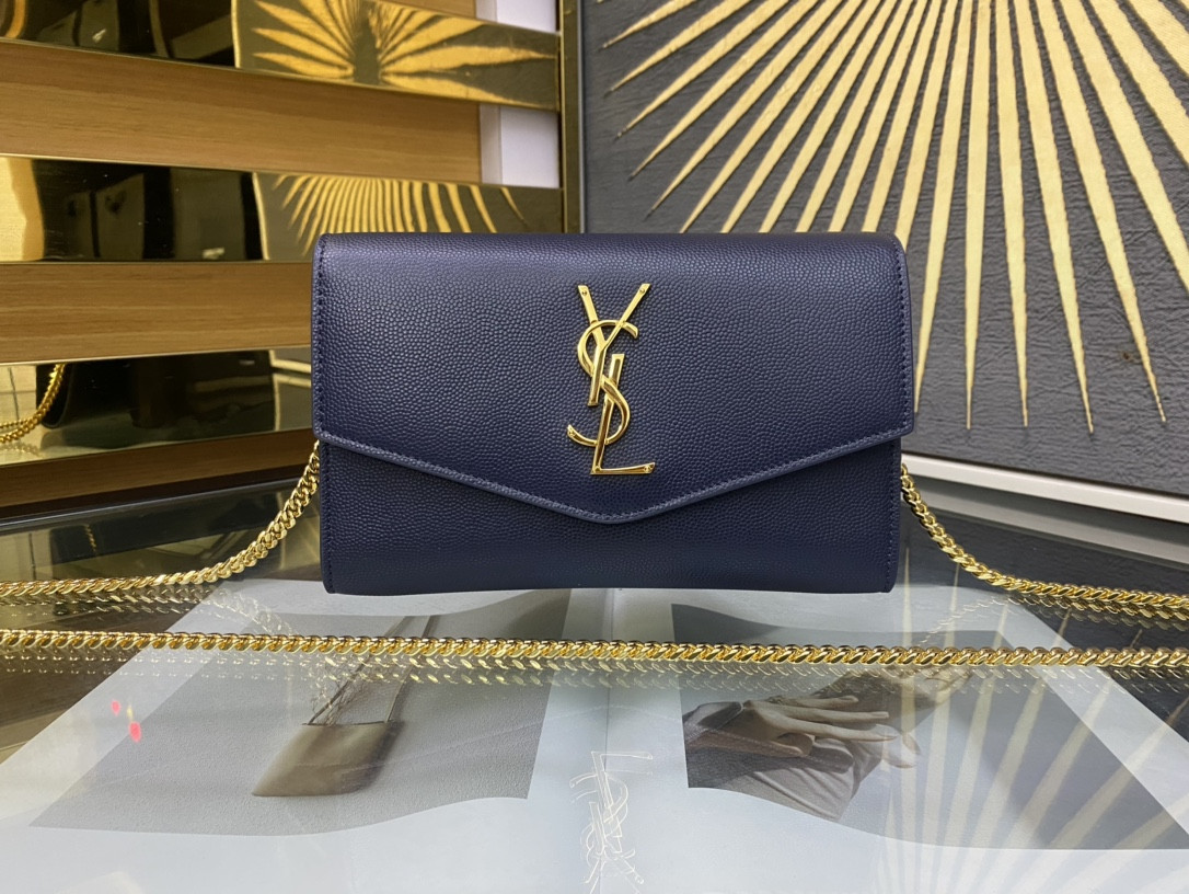 Y*L UPTOWN CHAIN WALLET IN GRAIN DE POUDRE EMBOSSED LEATHER NAVY 7.5 X 4.7 X 1.2 INCHES