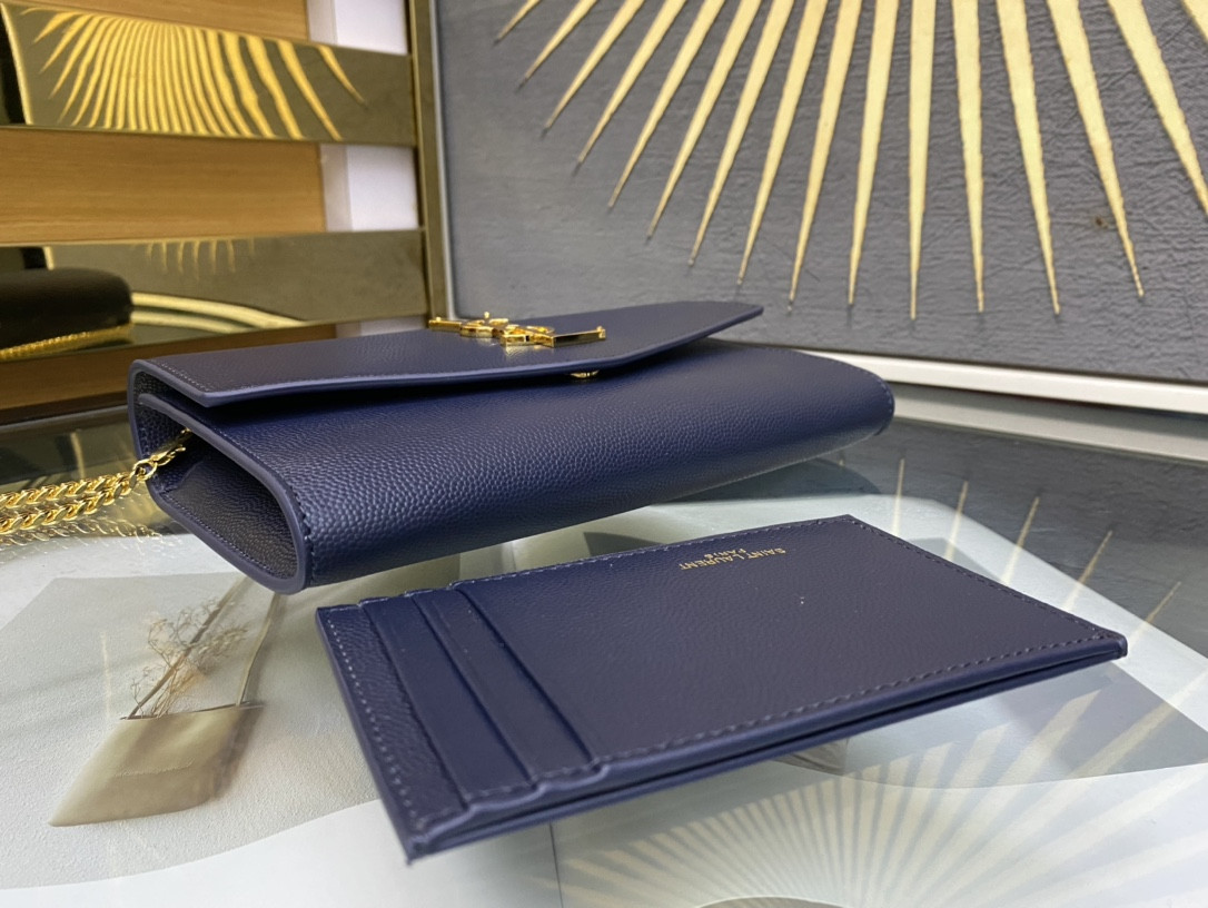 Y*L UPTOWN CHAIN WALLET IN GRAIN DE POUDRE EMBOSSED LEATHER NAVY 7.5 X 4.7 X 1.2 INCHES