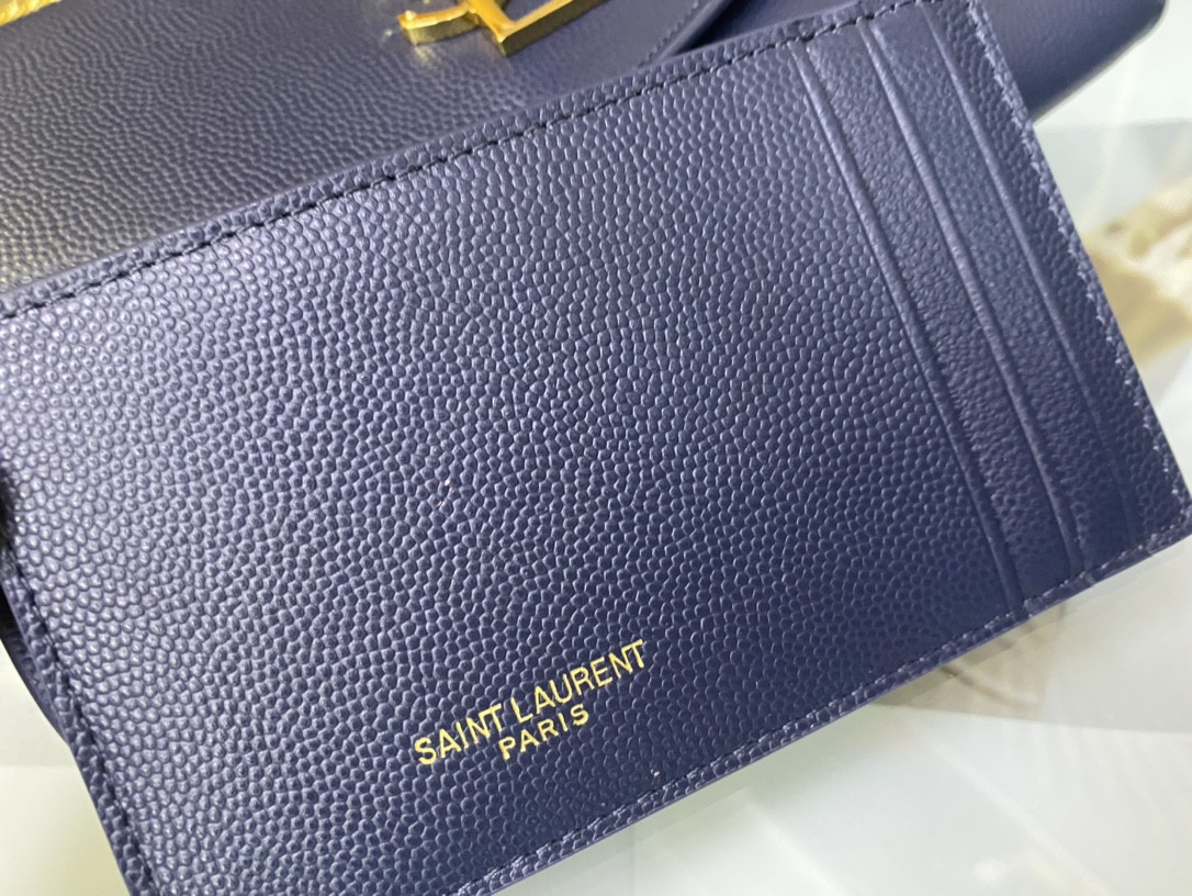 Y*L UPTOWN CHAIN WALLET IN GRAIN DE POUDRE EMBOSSED LEATHER NAVY 7.5 X 4.7 X 1.2 INCHES