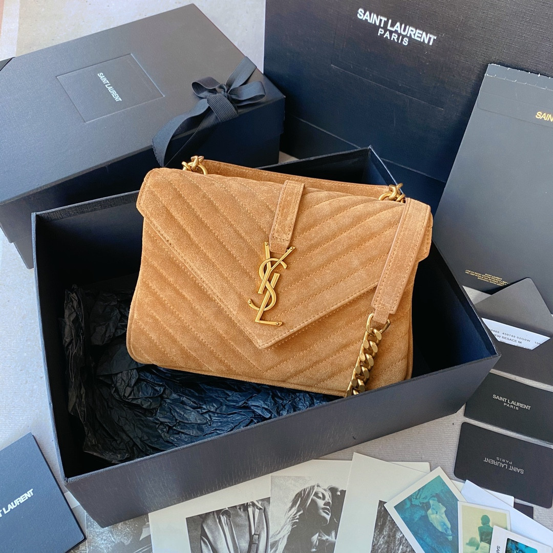 Y*L COLLEGE MEDIUM IN QUILTED SUEDE BROWN 9.4 X 6.6 X 2.5 INCHES